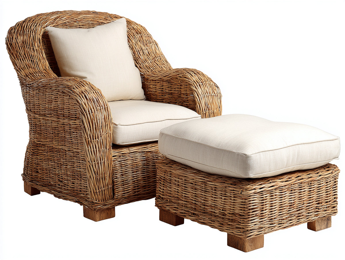Poltrona da giardino - rattan intrecciato-tessuto - 92x88x102 cm - marrone naturale-avorio - stile classico