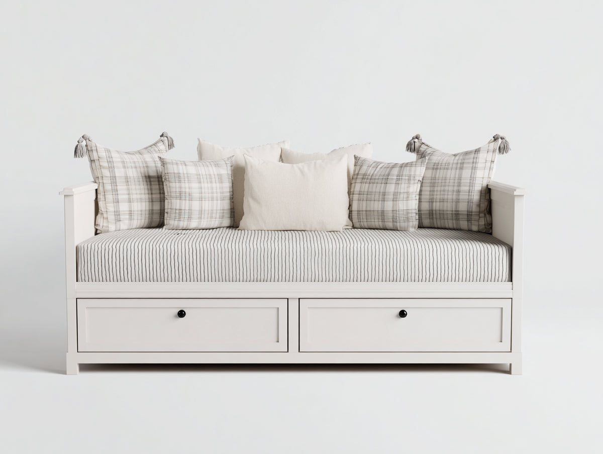 Divano letto - Legno-tessuto - 206x98x86 cm - Bianco-Avorio - Stile classico minimalista