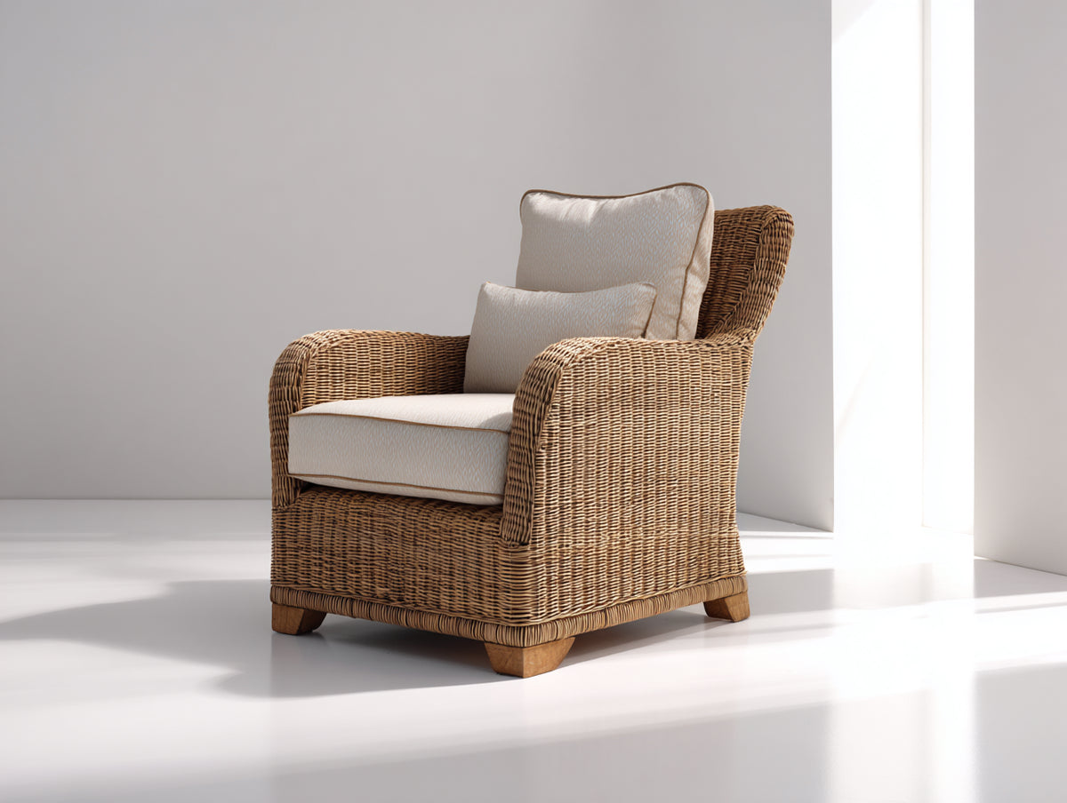 Poltrona da giardino - rattan intrecciato-tessuto - 86x81x106 cm - marrone naturale-beige - stile classico
