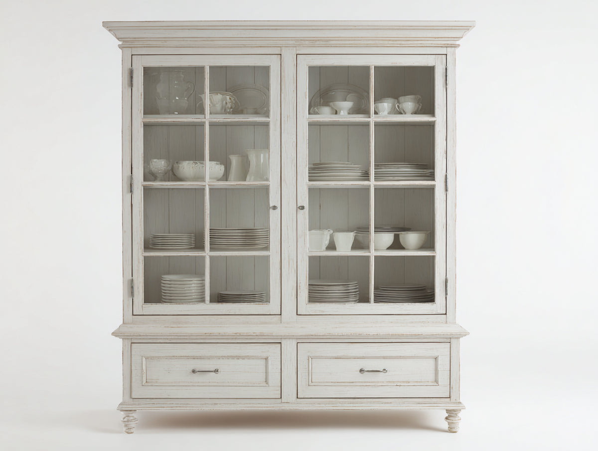 Vetrina-Legno-Vetro-Metallo-125x45x185 cm-Bianco anticato-Stile country