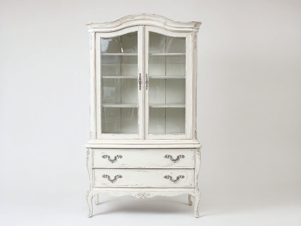Vetrina-Legno-Vetro-Metallo-108x47x193 cm-Bianco anticato-Stile provenzale