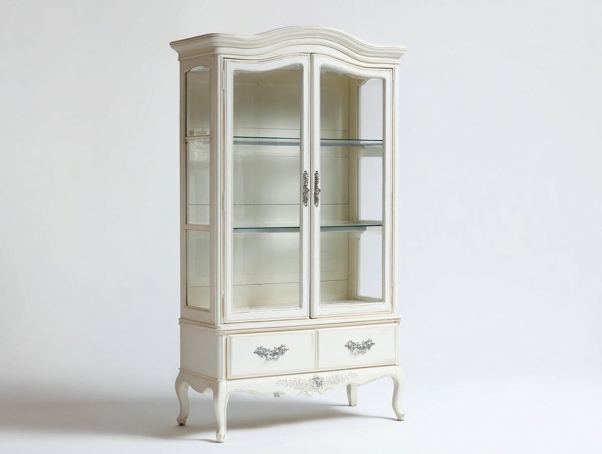 Vetrina-Legno-Vetro-Metallo-100x42x190 cm-Avorio anticato-Stile classico francese