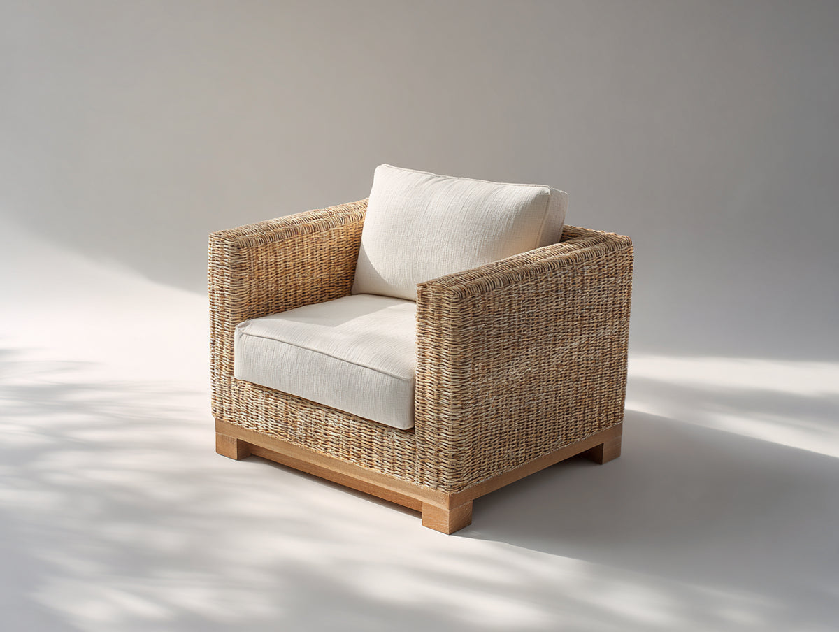 Poltrona da giardino - rattan intrecciato-tessuto - 84x79x78 cm - marrone naturale-avorio - stile moderno