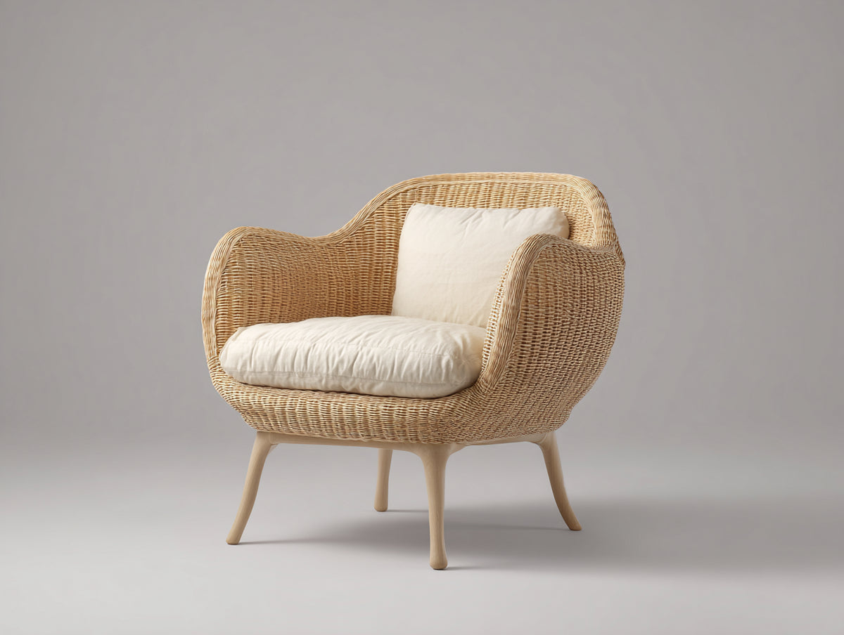 Poltrona da giardino - rattan intrecciato-tessuto - 85x78x87 cm - marrone chiaro-avorio - stile organico